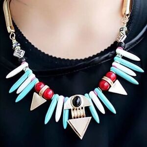 2/$30 Aztec Wood Turquoise Statement Necklace